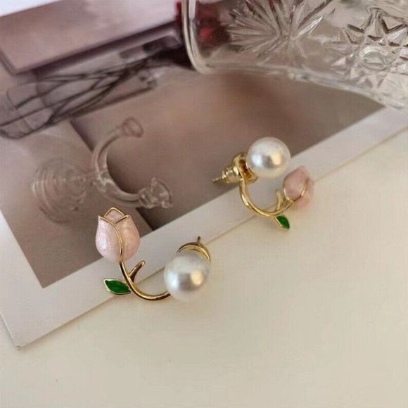 Enamel Pink Tulip Pearl Earrings in Gold - Picture 5 of 6